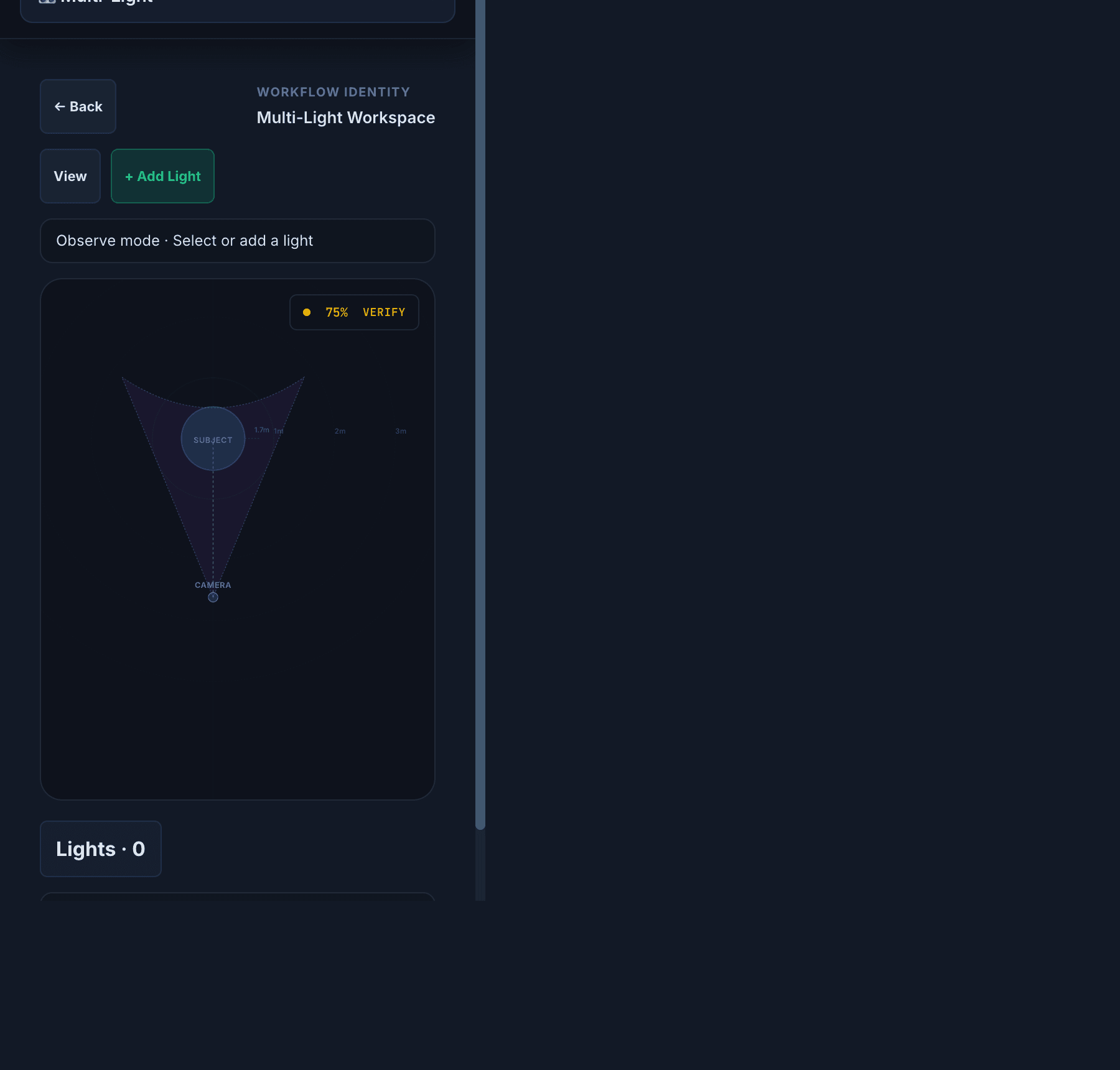 Desktop multi-light workspace in Observe mode with subject, camera, scale overlays, and add-light controls